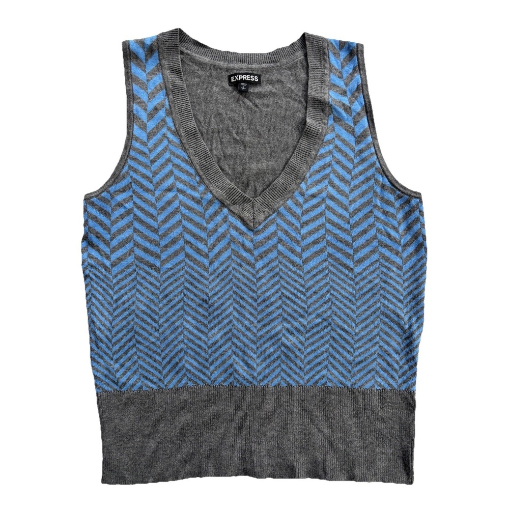 Express Gray Blue Chevron Knit Sweater Vest V Neck Size Small Preppy Academia